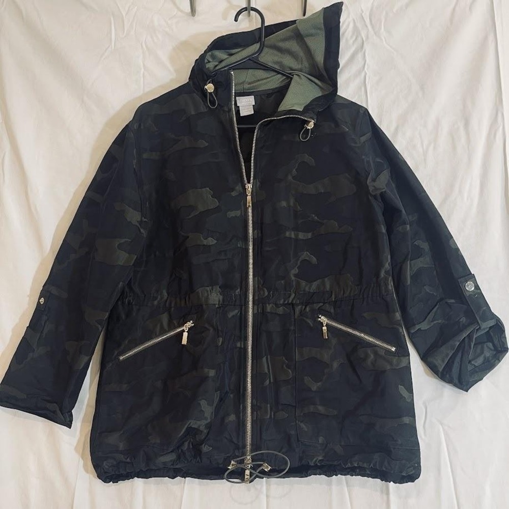 Chicos Zenergy Jacket‎ Womens 0 Small Camo Hooded Full Zip Drawstring Pockets
